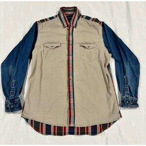 VTG Wrangler Mens Colorblock Denim Plaid Western Shirt Tan Blue XL Long Tails